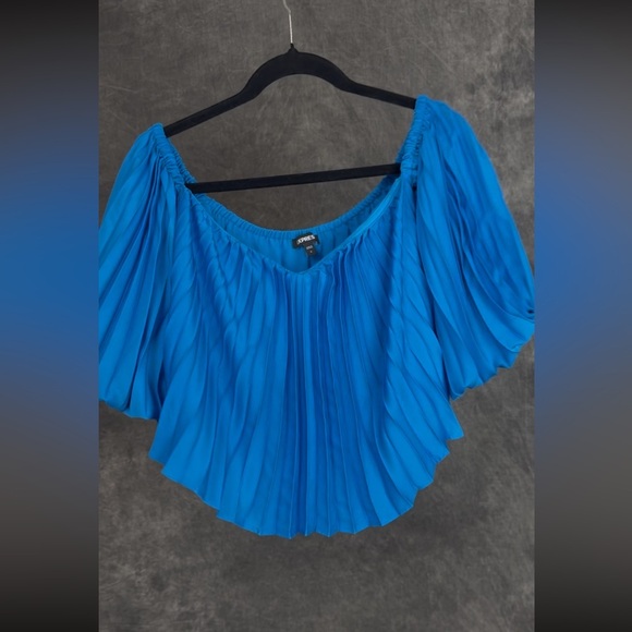 Express Tops - Express Off-the-Shoulder Accordion Pleated Crop Blouse / Light Blue / S